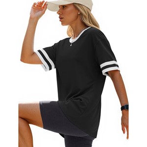 T-shirt Homme Col Rond Noir Coupe Droite Manches Courtes en Maille Lourde Teinte en Fil avec Bordure Blanche Contrastante Couleur Unie Décontracté - Product Image 3