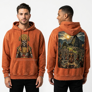 Sweat à capuche personnalisé pour homme, orange vintage délavé à l'acide, motif squelette du roi Inca, streetwear oversize, pull en coton vieilli - Product Image 1