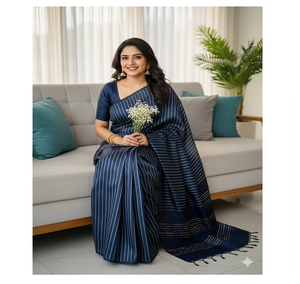 Sari en soie Katan bleu marine pour femme, motif rayé, tenue ethnique traditionnelle avec drapage, ensemble comprenant un chemisier inclus - Product Image 1