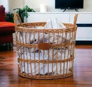 Round <b>Wicker</b> Laundry Basket With Handles Plant Fiber Storage Basket For Clothing Rustic Style Handcrafted Eco-Friendly - Product Image 6