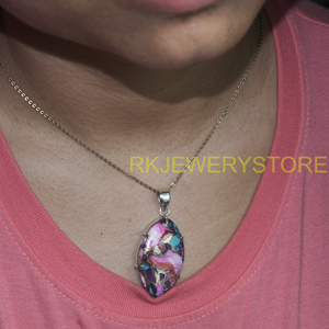 Colgante de Cobre Hecho a Mano con Turquesa, Gemas Rosas, Azules y Rojas, Colgante de Plata 925, Joyería de Diseño, Incrustaciones de Mosaico Marquise - Product Image 2