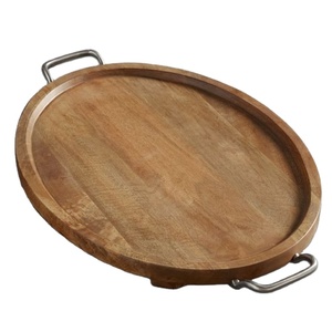 Plateau de service rond en bois de manguier fait main avec poignées en acier inoxydable, plateau décoratif en bois pour table basse, ottoman, maison et cuisine - Product Image 1