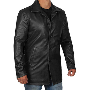 Manteau long en cuir véritable pour homme, col à revers, simple boutonnage, coupe classique, vêtement d'extérieur - Product Image 2