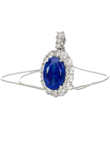 Oval Sapphire Pendant Necklace With Diamond Halo 18K Gold Rhodium Plated <b>Snake</b> Chain Luxury Women's Wedding Jewelry - Product Image 4