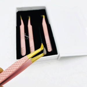 Pinzas para extensión de pestañas con punta de plasma dorada / color melocotón recubierto en polvo, 4 puntas de fibra diferentes / Empaque en caja blanca - Product Image 5