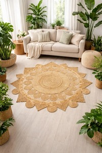 Alfombra Redonda de Yute Hecha a Mano Estilo Bohemio con Patrón de Medallón, Tejido Plano, Ecológica para Sala de Estar - Product Image 5
