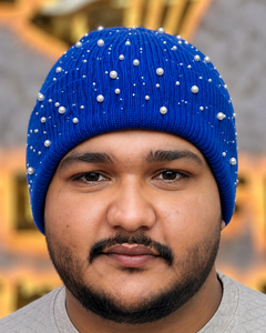 Blue Rhinestone Beanie Hat Hand Knitted Acrylic <b>Winter</b> <b>Cap</b> For Men Casual Style 56-58CM Adult Wear - Product Image 1