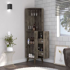 Mobile Bar Angolare Marrone Scuro con Due Ripiani Esterni, Un Cassetto e Due Ripiani Interni - Product Image 3