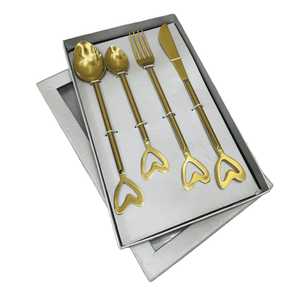 Ensemble de couverts en acier inoxydable doré en forme de cœur, 4 pièces, cuillère à dessert, fourchette, couteau, boîte cadeau, vaisselle, couverts de table - Product Image 1
