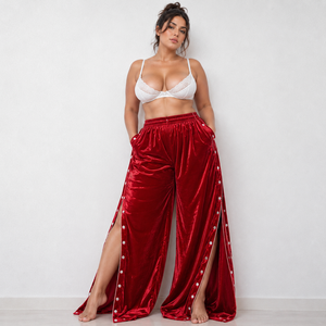 Pantalones de terciopelo para mujer, talla grande, con corte de pierna ancha ajustable, estilo sexy para discoteca, con cordón de ajuste. - Product Image 1