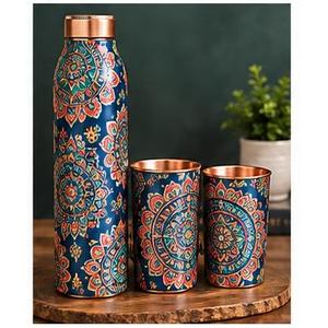 Copper Water <b>Bottle</b> Set With Floral Design Portable Drinkware for Travel Black <b>Pink</b> Lotus Pattern - Product Image 3
