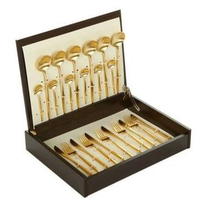Ensemble de couverts en acier inoxydable doré de qualité supérieure, élégant kit de couverts dans un coffret cadeau en bois personnalisé, vaisselle durable pour restaurants et traiteurs - Product Image 1