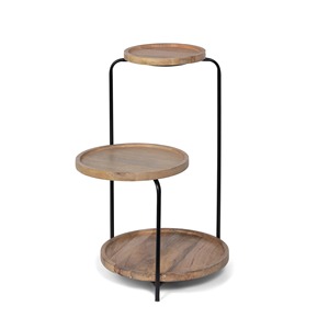 Three Tier Round Wood Cake Stand With Black Metal Frame Display Platter For Dessert Serving - Product Image 1