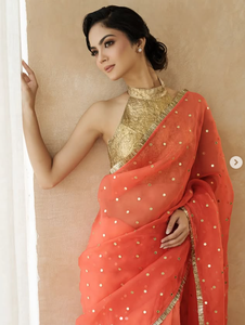 Elegant Coral <b>Silk</b> Kurti Glitter Print Gold Border Formal Quick-Dry Wedding Wear India Pakistan Women Floor-Length Regular Fit - Product Image 2