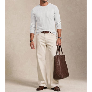 Pull à manches longues en tricot pour homme, couleur unie, col rond, avec poche avant, vêtements décontractés de printemps, blanc - Product Image 2