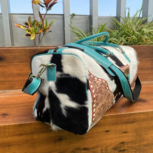 Bolso de fin de semana bohemio para mujer, bolso de cuero mecanizado a mano, piedra turquesa, Floral, piel de vaca occidental, equipaje para exteriores durante la noche - Product Image 4