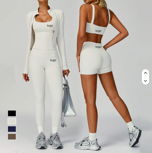 Ensemble de vêtements de sport de luxe pour femmes, 5 pièces, vente en gros : soutien-gorge de sport à dos croisé + veste de sport + short de sport + leggings de yoga - Product Image 4