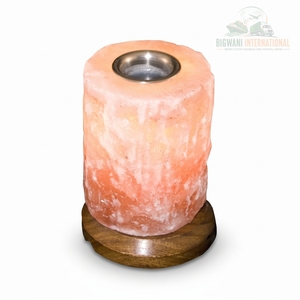 Natural Pink Himalayan Rock Salt Aroma <b>Oil</b> Diffuser <b>Lamp</b> Handcrafted Cylinder Essential <b>Oil</b> Burner Warmer with Wooden Base - Product Image 1