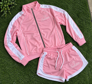 <b>Women</b>’s Pink 2 Piece <b>Tracksuit</b> Set Custom Sportswear Jacket & Shorts Set Ladies Casual Athletic <b>Tracksuit</b> with White Stripes - Product Image 6
