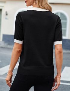 Haut de sport décontracté pour femme, noir, à manches courtes, couleur unie, respirant, en jersey compressé, séchage rapide, tricoté - Product Image 5
