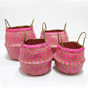 Trending Durable Circle Natural Palm Leaf Eco-friendly Pink <b>Storage</b> Basket Laundry <b>Hamper</b> - Product Image 3