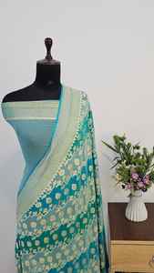 Sari authentique en soie Georgette Khaddi pure de Banarasi, teinture au pinceau Rangkaat, bordure richement brodée Waterzari, tissé à la main, traditionnel, pour les fêtes - Product Image 3