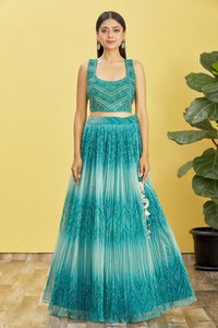 Green Beaded Embroidered Chiffon Women's Sleeveless <b>Square</b> Neck Crop Top Knee-Length Pleated Lehenga Net Dress for Party Wedding - Product Image 1