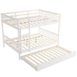 White Pinewood Full Size Bunk Bed with Trundle Ladder and Safety Rails for Dormitory Use - Product Image 1