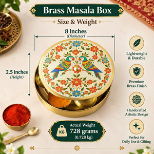 Handcrafted Round Brass Spice <b>Box</b> Royal Parrot Floral Printed Lid Masala Dabba Kitchen Storage Container <b>Set</b> With Spoon Supplier - Product Image 5