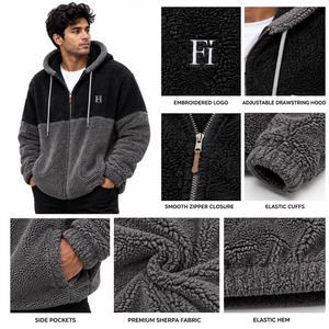 Vente en gros de sweats à capuche zippés pour hommes en polaire Sherpa, style color block, coupe oversize, chauds pour l'hiver, streetwear, avec options de personnalisation, fournisseur USA - Product Image 4