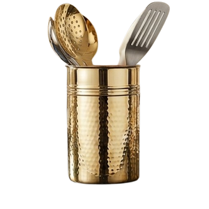 Porte-couverts en métal martelé doré, organisateur d'ustensiles cylindrique fait à la main pour la table de cuisine - Product Image 4