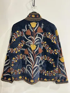 Veste Suzani en velours bleu marine de qualité supérieure, brodée de fleurs, col montant, faite à la main, style bohème, manches longues, vêtements d'extérieur pour femmes, automne - Product Image 5