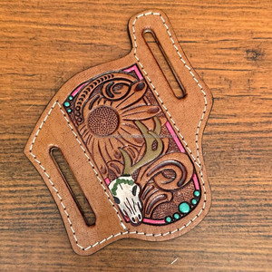 Étui de couteau usiné à la main Portable gaine de couteau en cuir véritable pour couteaux à lame fixe/pliante gaine florale pour ceinture pour unisexe - Product Image 3