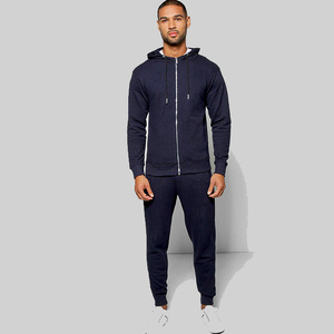 Ensemble de survêtement de course à capuche pour homme, bleu marine, avec fermeture éclair intégrale, couleur unie, en coton, coupe classique, pour l'automne - Product Image 3