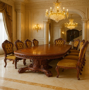 Regal 8-seater European <b>dining</b> table crafted with light wood finish and deep emerald green tufted <b>velvet</b> <b>chairs</b>, at wholesale. - Product Image 4