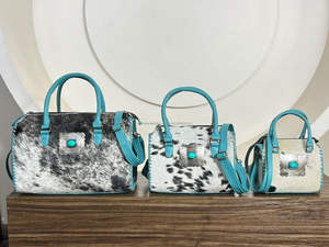 Nuevos Bolsos de Mano de Diseño Occidental para Mujer, de Cuero Vacuno Genuino con Detalles en Turquesa, Medianos, con Asa Superior, Bandolera, Bolsos de Viaje Tipo Duffel - Product Image 5