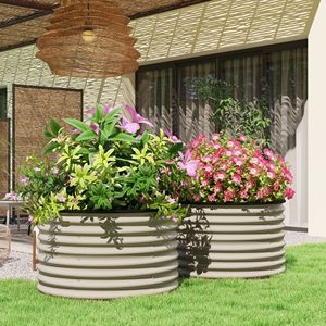 Set di 2 aiuole rialzate in metallo bianco crema con bordi di sicurezza, montaggio rapido, fioriere per giardino - Product Image 2
