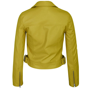 Blouson moto en cuir PU jaune pour femme, manches longues, col montant, fermeture éclair, coupe courte, couleur unie, style motard, pour l'automne - Product Image 2