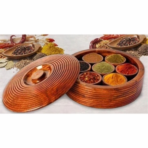 Boîte à épices en bois faite à la main pour la cuisine - Organisateur rond en bois de Sheesham avec 7 compartiments et couvercle - Coffre à épices indien - Product Image 1
