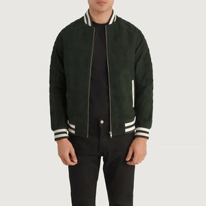 <b>Men's</b> Green <b>Suede</b> Bomber <b>Jacket</b> Turn-down Collar Zipper Closure Casual Autumn Wear Regular Fit Solid Color - Product Image 1