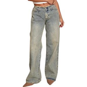 Jean en denim gris délavé coupe droite pour femme, taille mi-haute, décontracté, longueur complète, en coton/élasthanne, séchage rapide, respirant - Product Image 1
