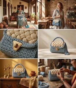 Bolso Trenzado Hecho a Mano en Azul Claro y Crema, Bolso Étnico Elegante con Perlas y Dos Correas, Tejido de Cordón de Algodón para Bolsos Mini de Mujer - Product Image 3