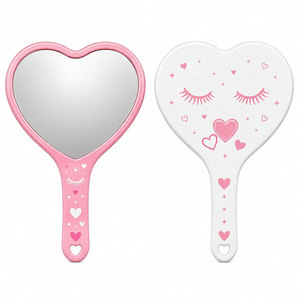 Heart-Shaped Handheld Mirror Pink and White with Hearts and Eyelashes Design <b>Plastic</b> Frame Single Side Makeup Mirror - Product Image 1