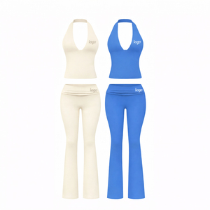 Conjunto de Dos Piezas para Mujer, Top Corto con Cuello Halter y Pantalones Acampanados, Elástico, para Yoga o Descanso - Product Image 4