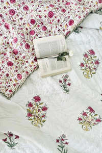 Reversible Hand Block Printed Cotton Quilt Multicolor Floral with Pink Striped Border Modern & Quirky <b>Comforter</b> Print Quilt <b>Set</b> - Product Image 4