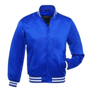 เสื้อแจ็คเก็ตเบสบอลแบบ Varsity สีน้ำเงินรอยัล ผ้าซาติน แต่งขอบสีขาว สำหรับผู้ชาย แบบสั่งทำพิเศษ แห้งเร็ว ผลิตจากโพลีเอสเตอร์ 100%  แบบ Letterman - Product Image 1