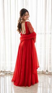 Women's Red Floor-Length Traditional <b>Dress</b> <b>With</b> Lace Sleeves And <b>Cape</b> Loose Fit <b>Wedding</b> Attire India Pakistan Style - Product Image 2