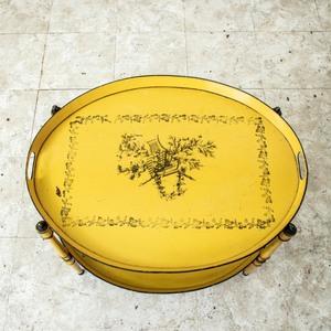 Oval Metal Coffee <b>Tray</b> Table with Floral Pattern Gold-Plated Mid Century Modern Design Two-Tier Handle Function - Product Image 4
