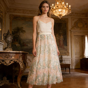 Oferta especial en Temu: Falda midi elegante con bordado floral para mujer, corte en A, cintura alta, ideal para fiestas y bodas. - Product Image 3