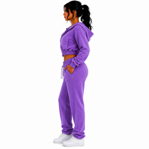 Ensemble sweat à capuche court brodé zippé et pantalon de survêtement long en molleton 100 % coton de couleur unie pour femme - Product Image 4